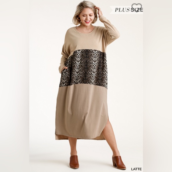 NWT Umgee Animal Print Colorblock Long Sleeve Maxi Dress with Side Slits - Picture 2 of 5